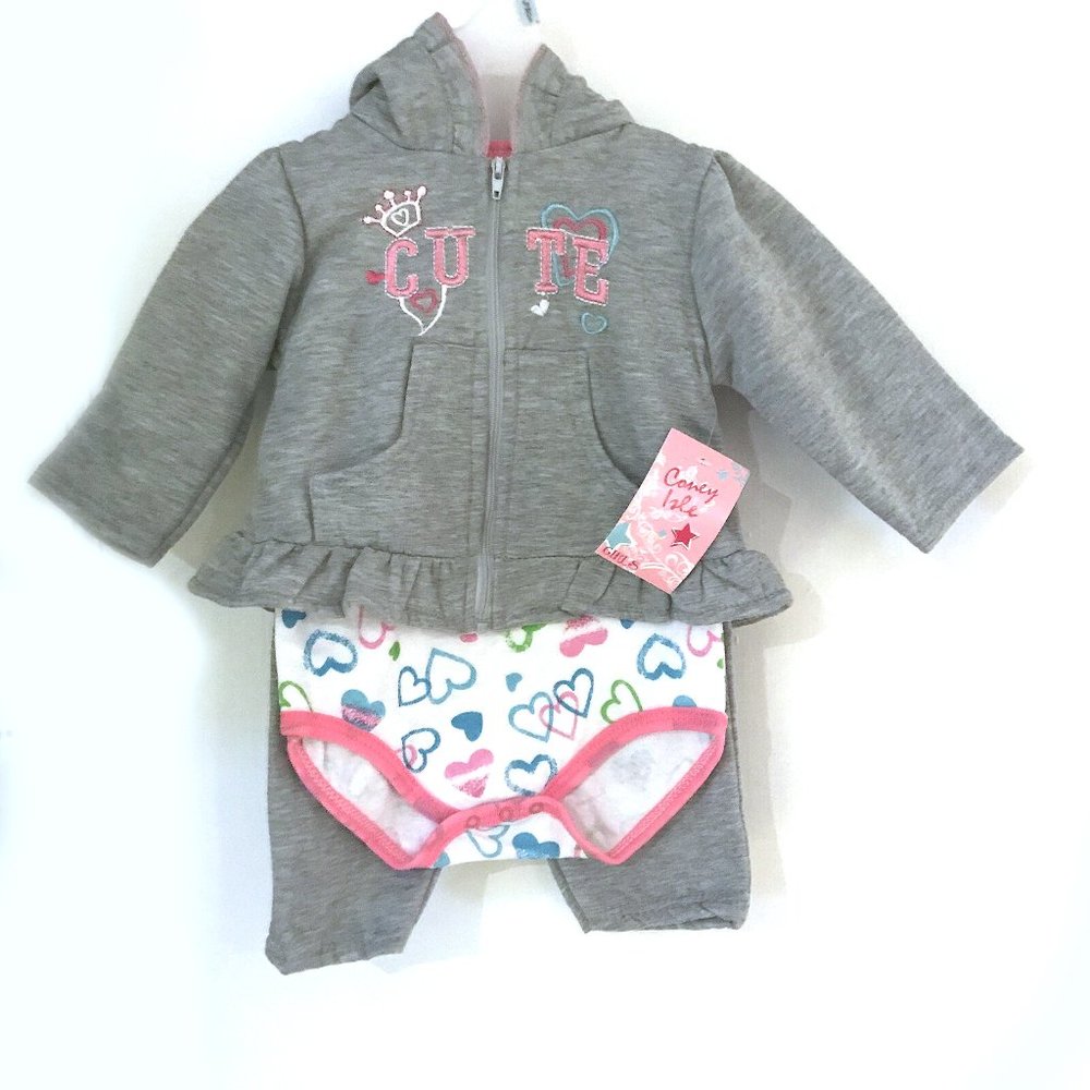 Coney Isle Girls One-Piece Long Sleeve Romper, Hooded Sweatshirt & Pants - 6-9m
